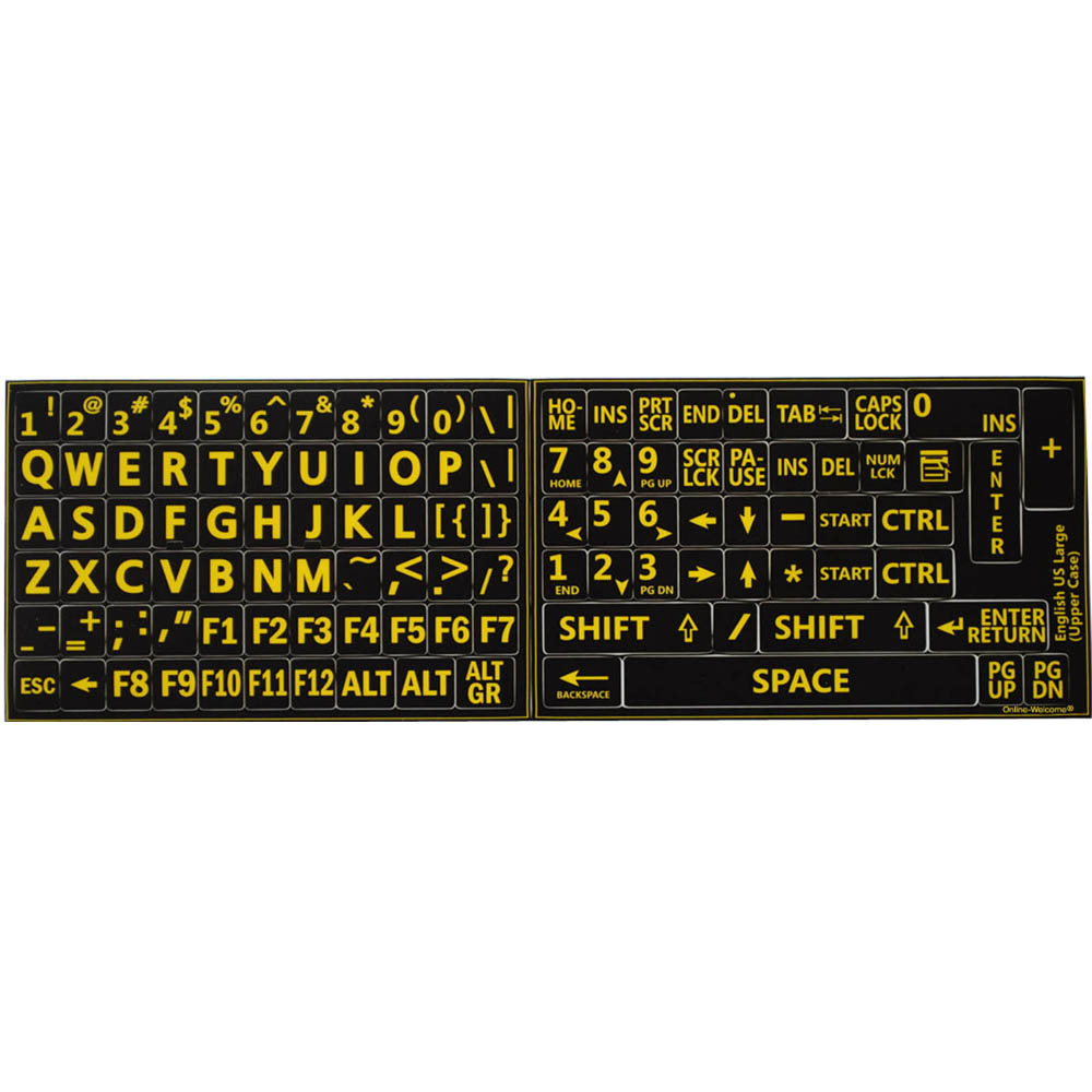 ENGLISH US KEYBOARD STICKER LARGE YELLOW  LETTERS BLACK  BACKGROUND LABELS 