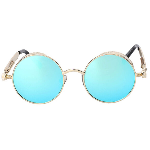 060 C2 Steampunk Gothic Sunglasses Metal Round Circle Gold Frame Blue Ice Mirror Lens One Pair