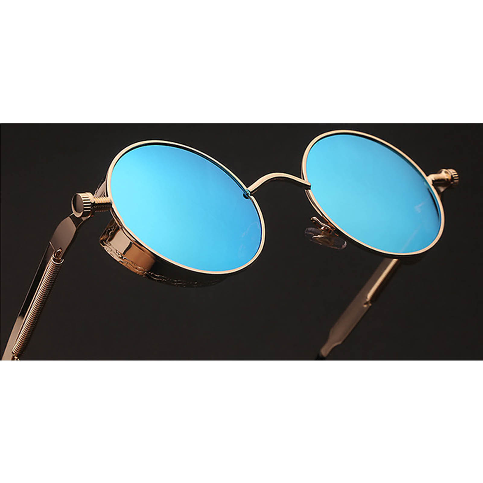 060 C2 Steampunk Gothic Sunglasses Metal Round Circle Gold Frame Blue Ice Mirror Lens One Pair